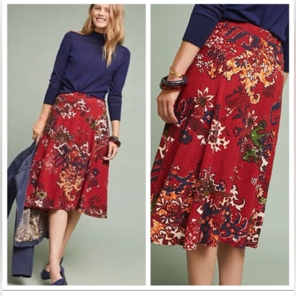 Anthropologie Red Floral A-Line Midi Skirt